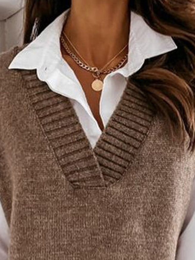 Plain V Neck Cotton-Blend Casual Sweater
