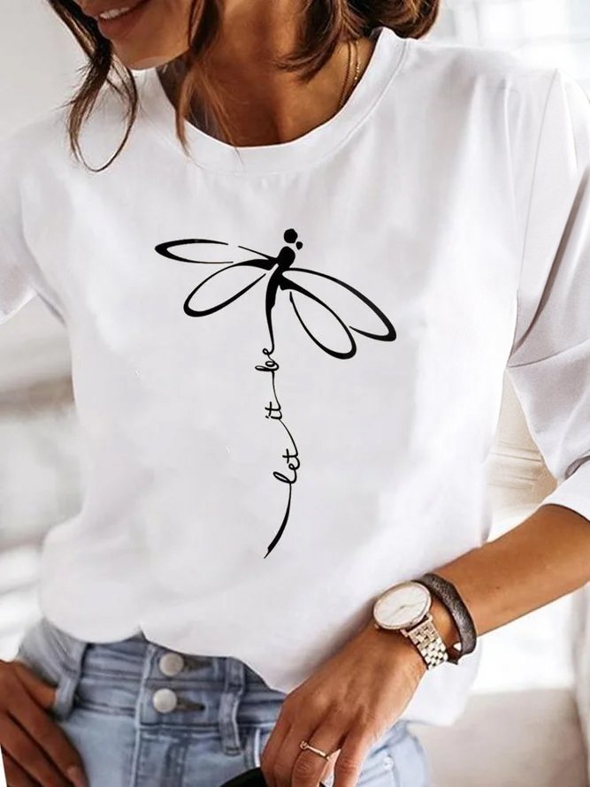 Women Dragonfly Crew Neck Casual Long Sleeve T-shirt
