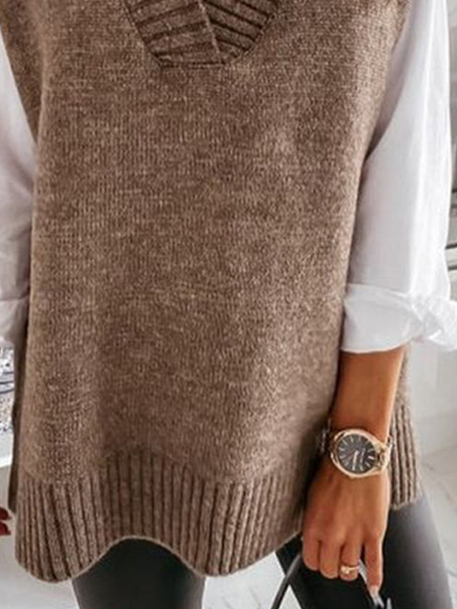 Plain V Neck Cotton-Blend Casual Sweater