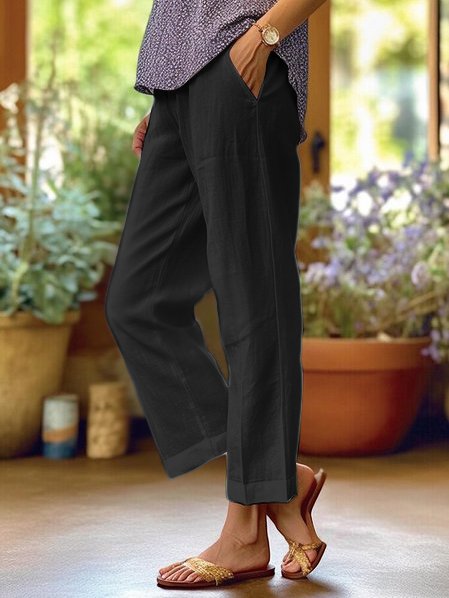 Women Plain Pockets Cotton And Linen Loose Pants