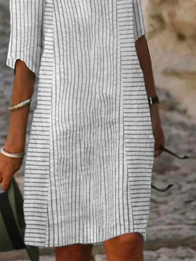 Women Striped Casual Loose Three Quarter Sleeve V Neck Shirt Dress