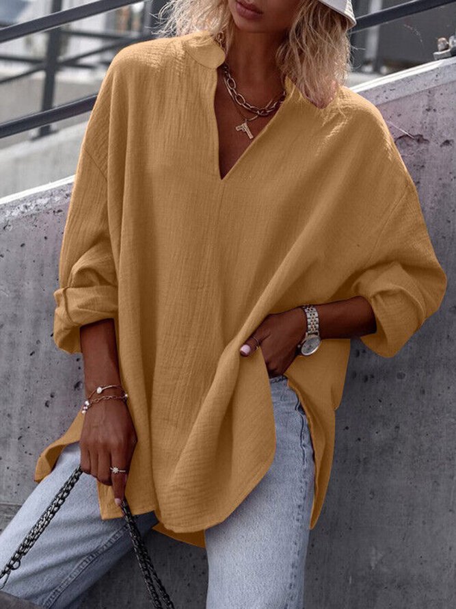 Casual V Neck Loose Cotton And Linen Shirt