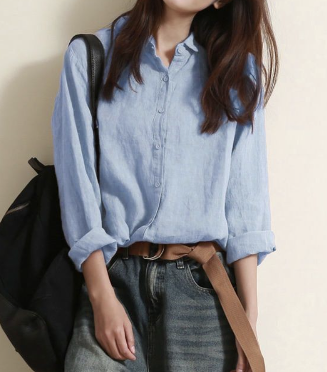 Plain Buckle Long Sleeve Casual Blouse