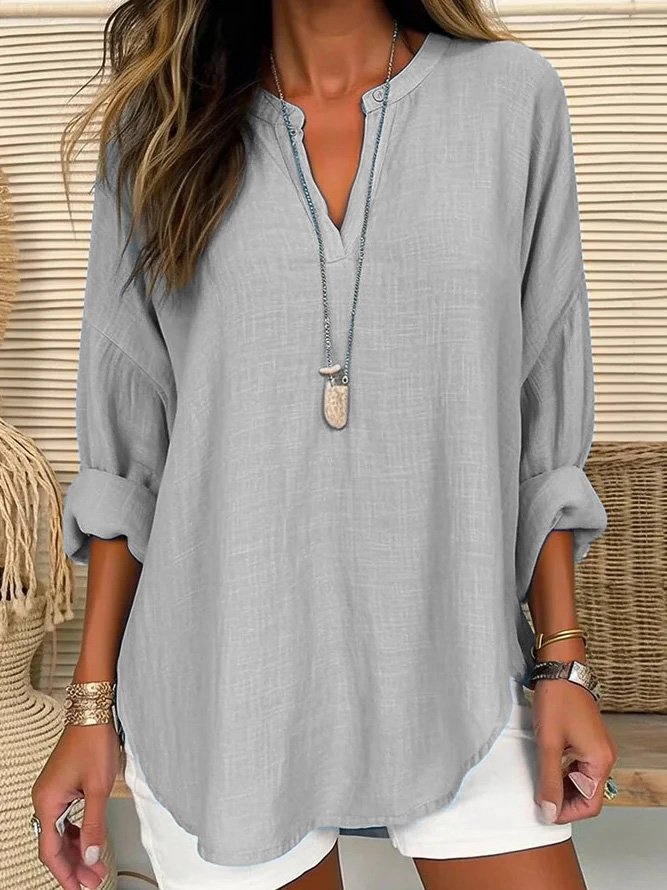 Women Casual Plain V Neck Casual Loose Long Sleeve Tunic Top