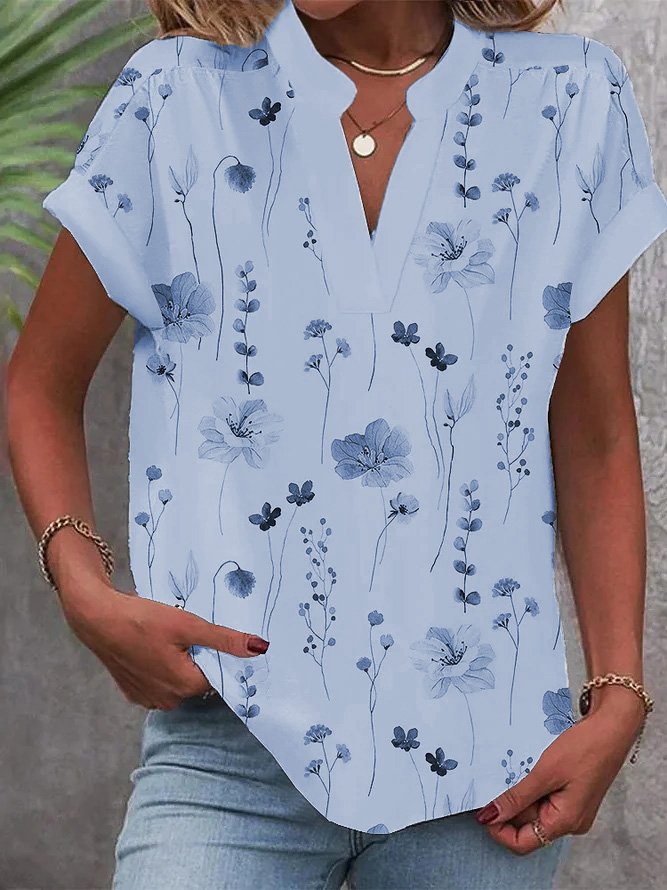 Women V Neck Casual Floral Loose Short Sleeve Tunic Top