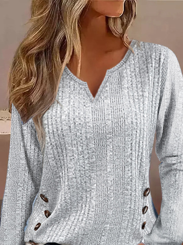 Women Plain Notched Casual Long Sleeve T-shirt