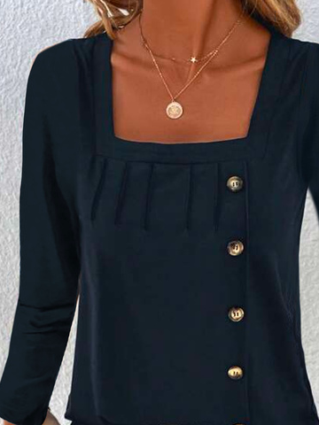 Women Plain Square Neck Casual Long Sleeve T-shirt