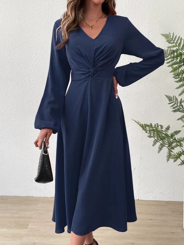 Loose V Neck Elegant Twist Front Lantern Sleeve Dress