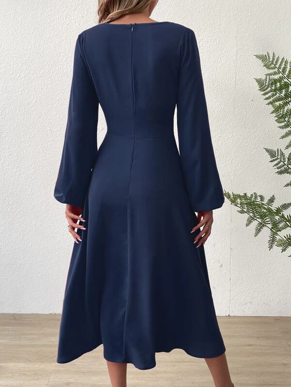 Loose V Neck Elegant Twist Front Lantern Sleeve Dress