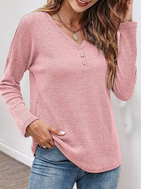 Women Plain V Neck Casual Long Sleeve T-shirt