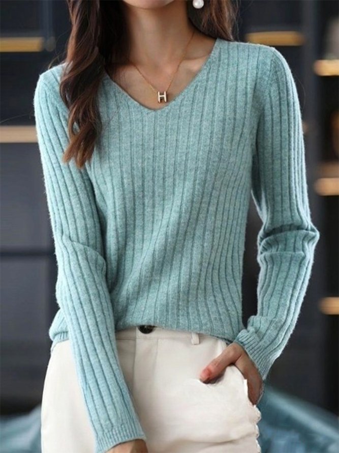 Casual Plain Long Sleeve V Neck Sweater