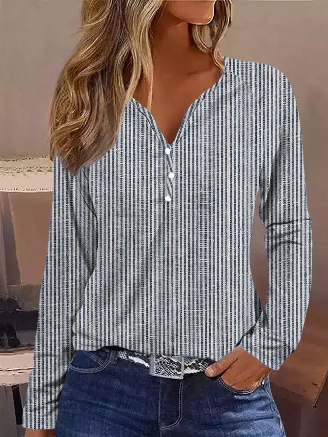 Women Striped Casual V Neck Button Loose Long Sleeve Top