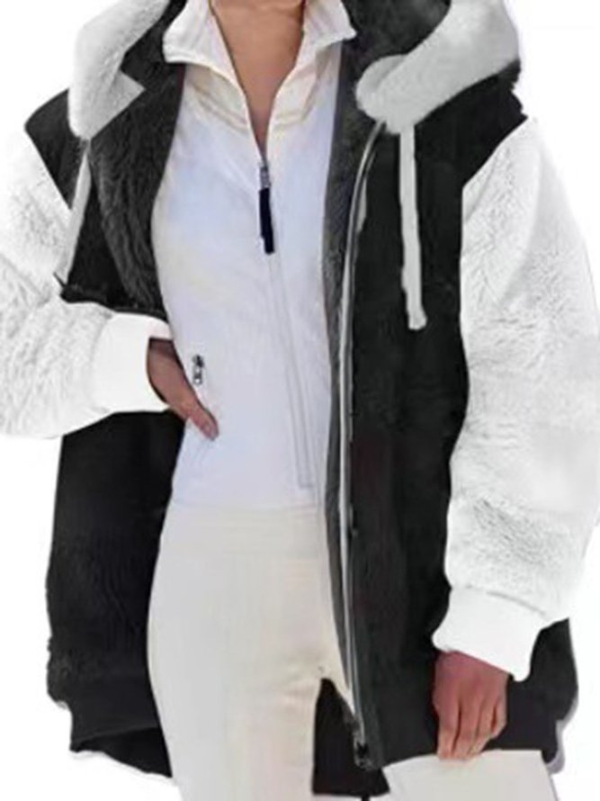 Casual Color Block Hoodie Teddy Jacket