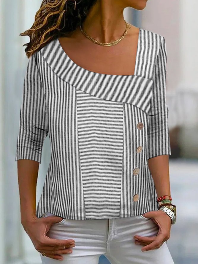 Women Casual Stripe Asymmetrical Neck Buttoned Long Sleeve Top