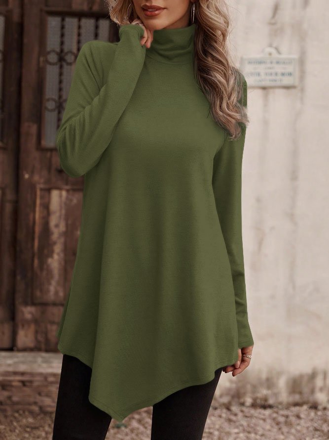 Women Plain Turtleneck Casual Long Sleeve T-shirt