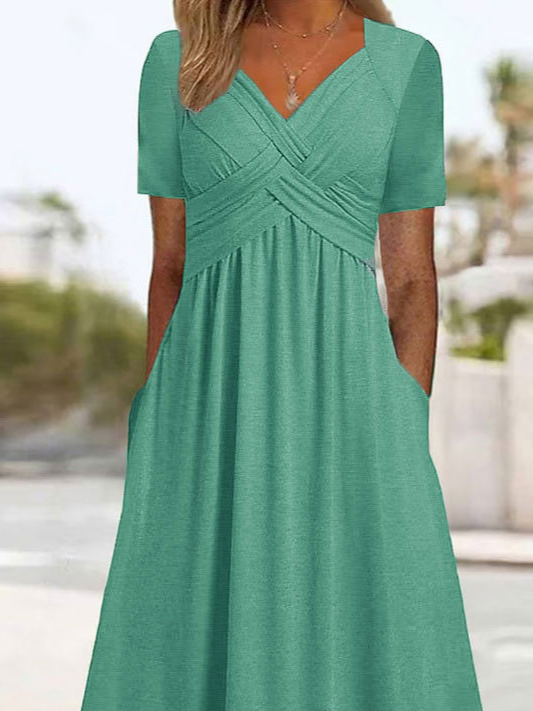Women Elegant Plain Ruched Pockets V Neck Vacation Dress