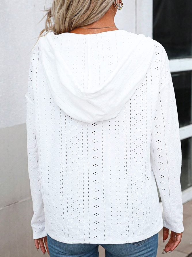 Women Plain Eyelet Hoodie Casual Long Sleeve T-shirt