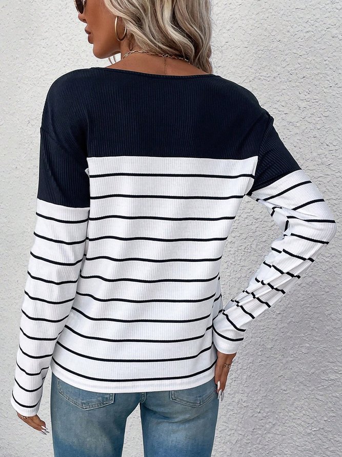 Women Striped V Neck Casual Long Sleeve T-shirt