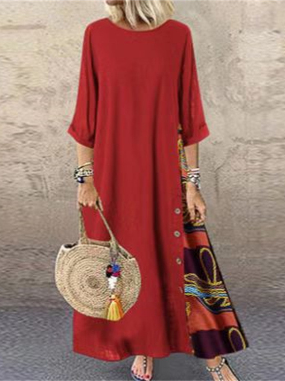 Loose Color Block Casual Crew Neck Dress