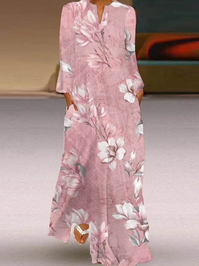 Floral Loose Casual Notched Dress