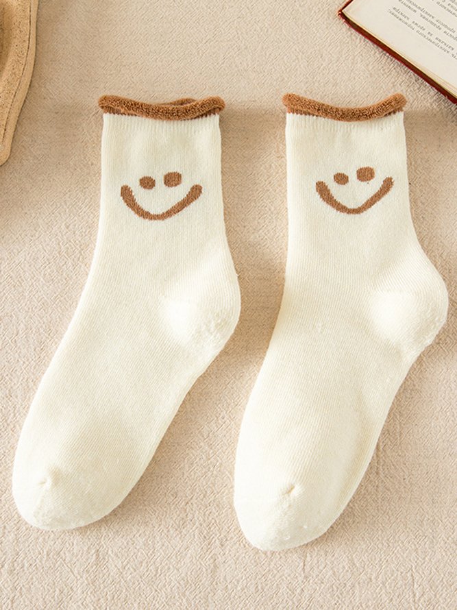 1pair Women Cute Smiley Warmth Terry Socks