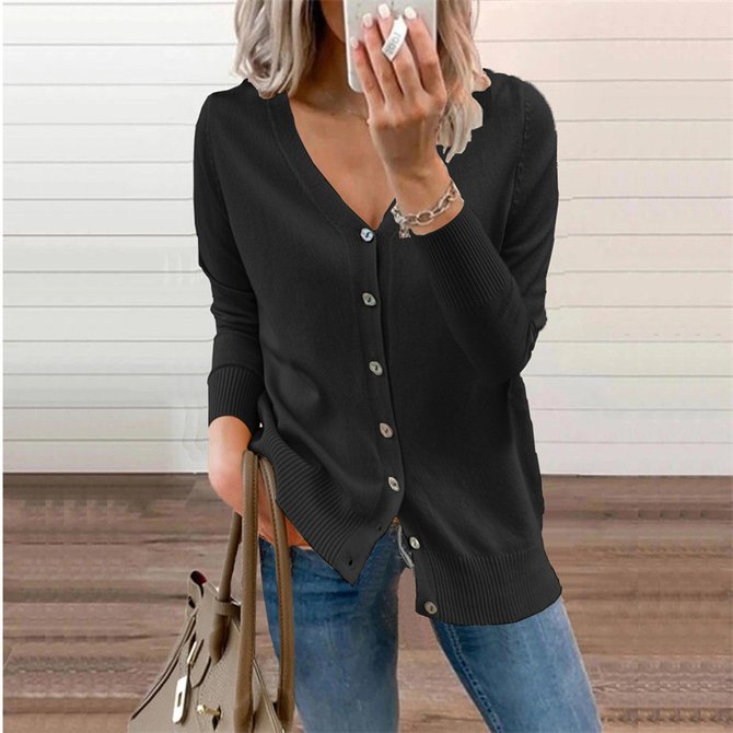 Casual Single Breasted Button V Neck Ribbed Cuffs Sleeve Cardigan For Women