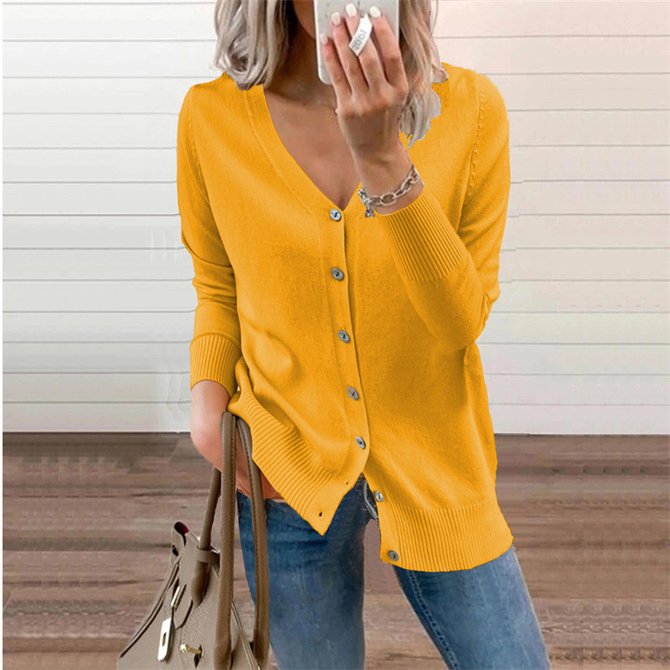 Casual Single Breasted Button V Neck Ribbed Cuffs Sleeve Cardigan For Women