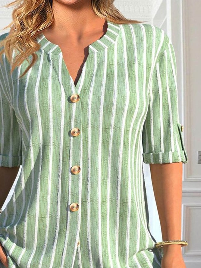 Plus Size Striped Notched Buttoned Casual Long Sleeve Blouse