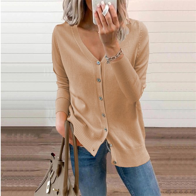 Casual Single Breasted Button V Neck Ribbed Cuffs Sleeve Cardigan For Women