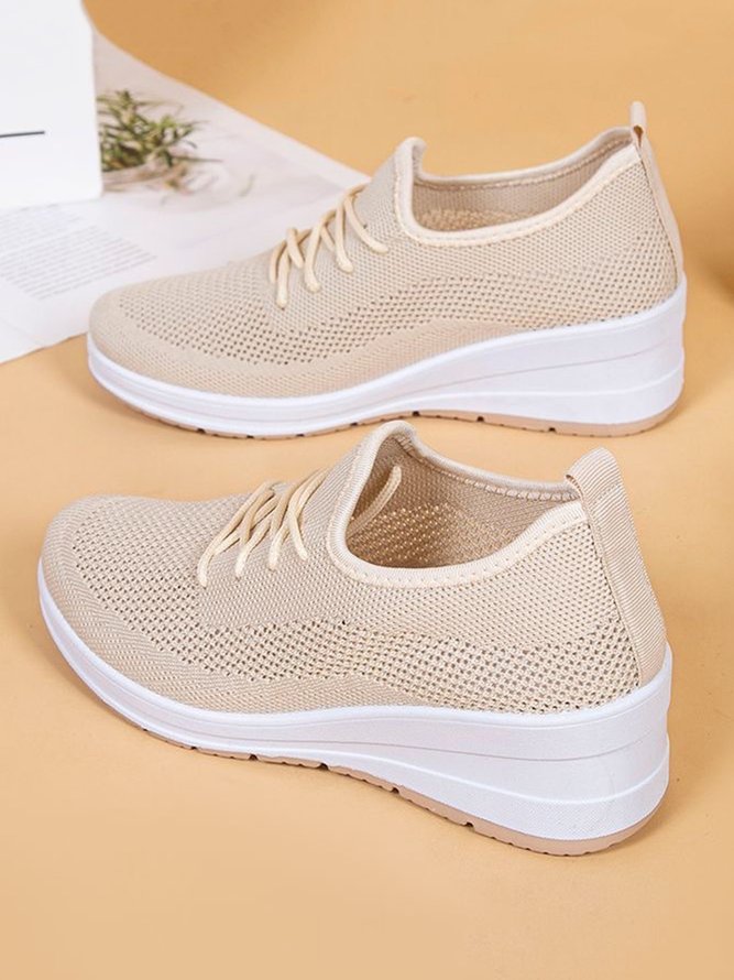Casual Lace-up Decor Breathable Flyknit Wedge Heel Slip On Sneakers