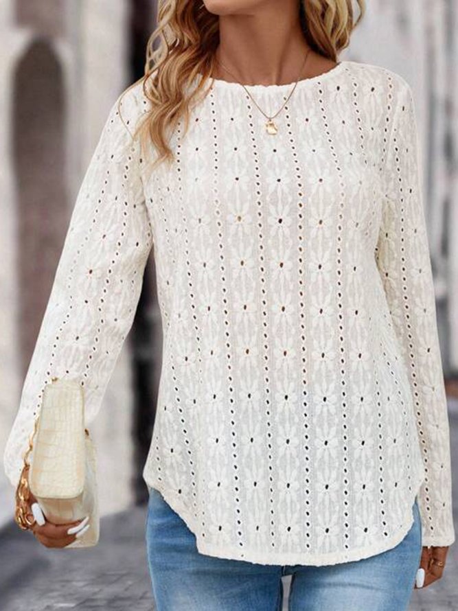 Eyelet Embroidery Button Back Curved Hem Tee