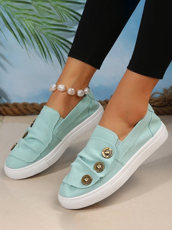 Distressed Button Ruched Slip-On Canvas Flats