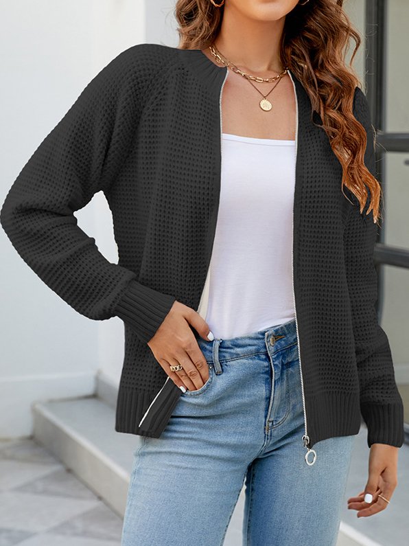 Crew Neck Zipper Loose Casual Cardigan