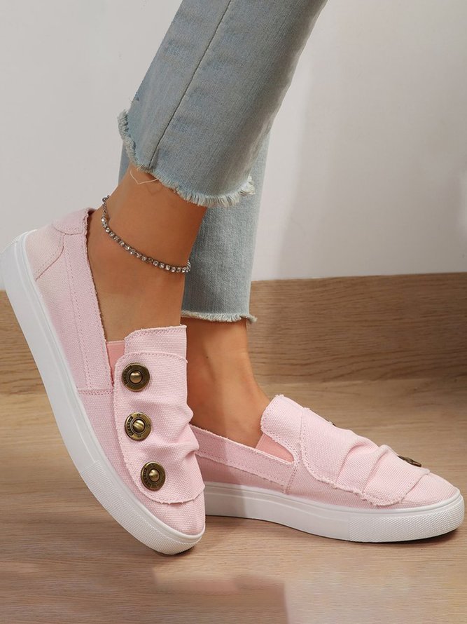 Distressed Button Ruched Slip-On Canvas Flats