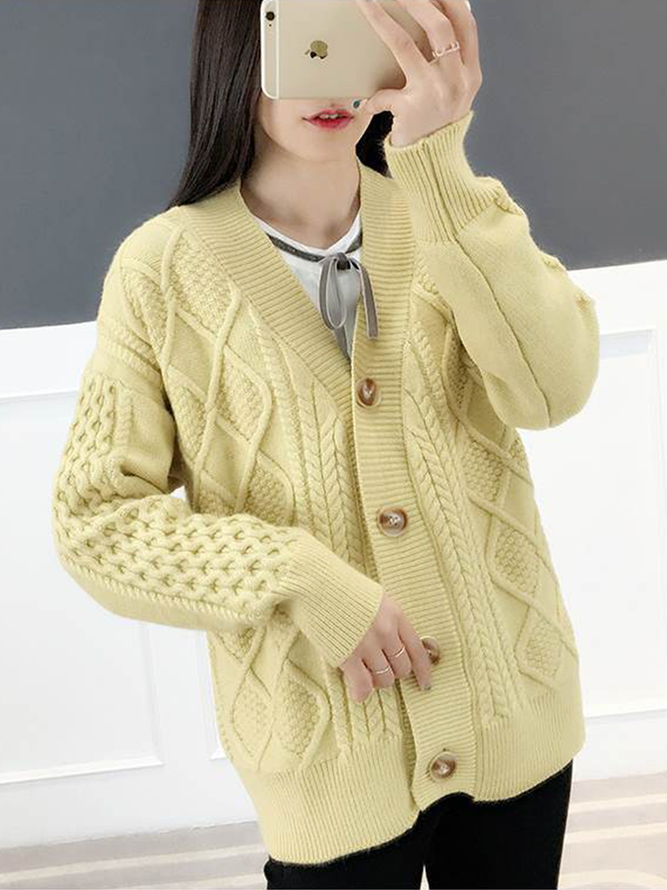 Long Sleeve Plain V Neck  Buckle Casual Cardigan