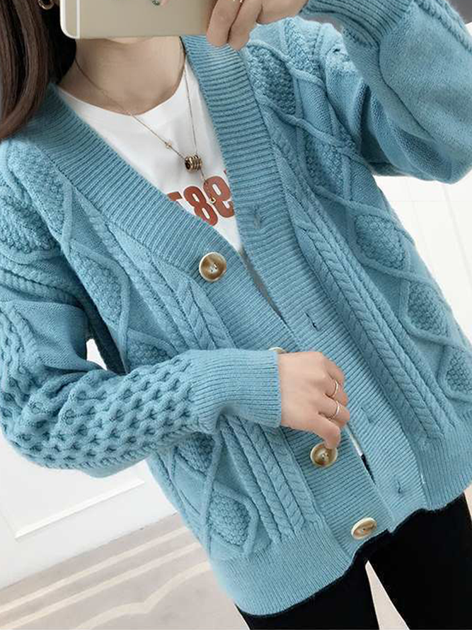 Long Sleeve Plain V Neck  Buckle Casual Cardigan