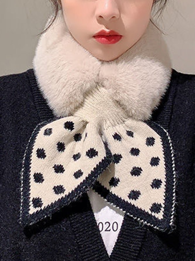 Women Polka-dot Knitted Paneled Furry Scarf