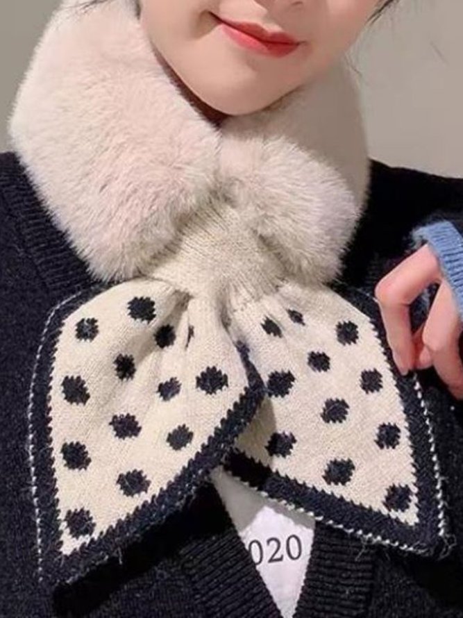 Women Polka-dot Knitted Paneled Furry Scarf