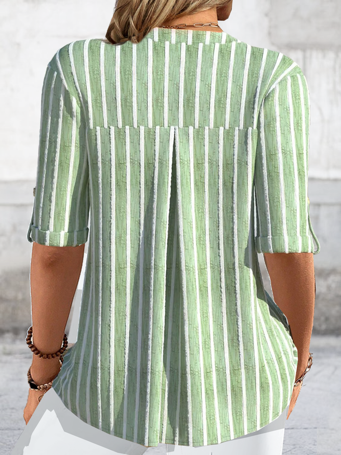 Striped Notched Casual Buttoned Long Sleeve Loose Blouse