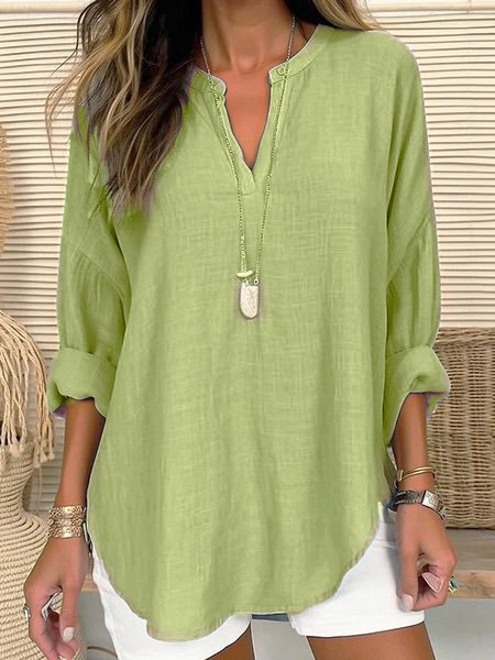 Women Casual Plain V Neck Casual Loose Long Sleeve Tunic Top