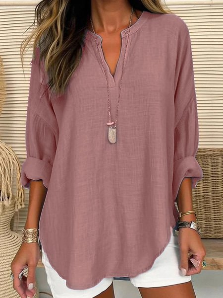 Women Casual Plain V Neck Casual Loose Long Sleeve Tunic Top