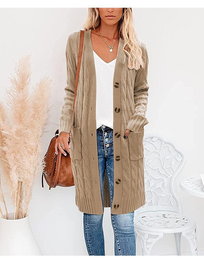 Crew Neck Casual Plain Loose Cardigan