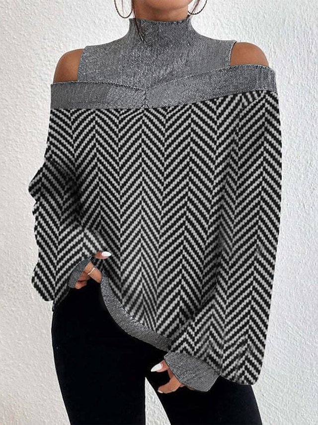 Half Turtleneck Striped Knitted Casual Sweatshirt