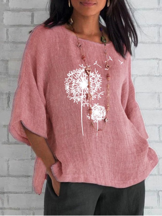 Cotton And Linen Loose Crew Neck Casual Shirt
