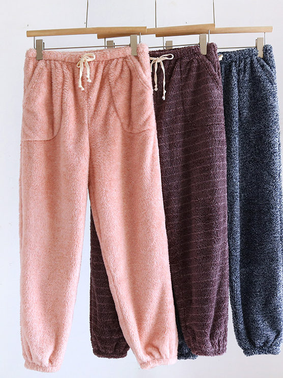 Plain Fluff/Granular Fleece Fabric Casual Pants