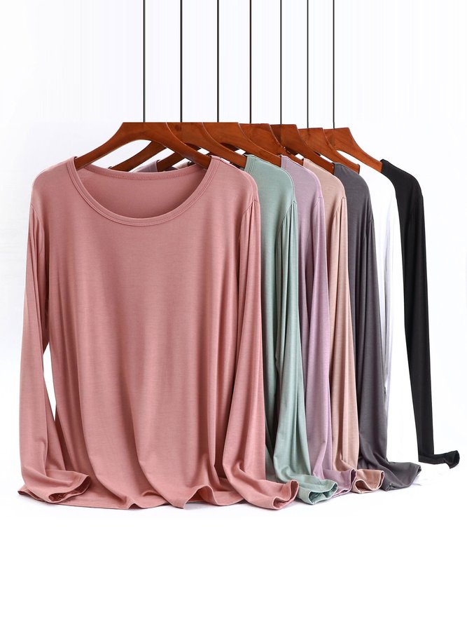 Women Plain Crew Neck Casual Long Sleeve T-shirt