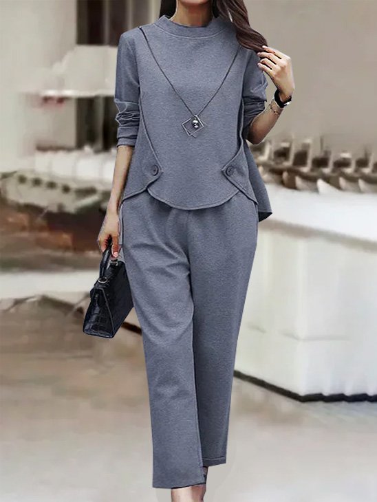 Crew Neck Casual Plain Knitted Two-Piece Set