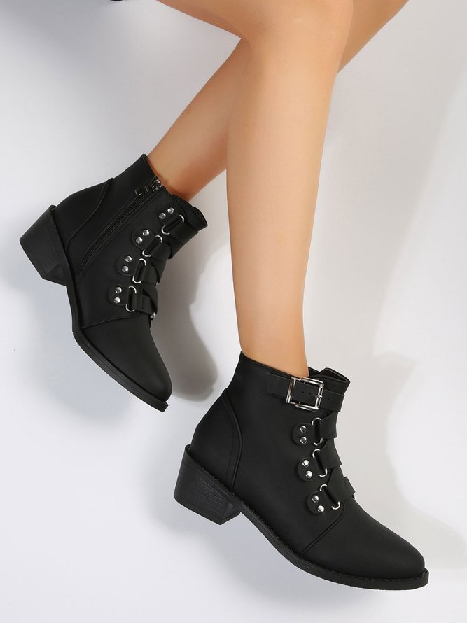 Vintage Rivet Buckle Strap Block Heel Boots