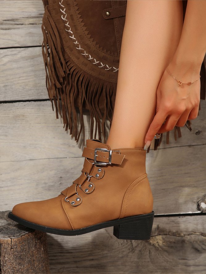Vintage Rivet Buckle Strap Block Heel Boots