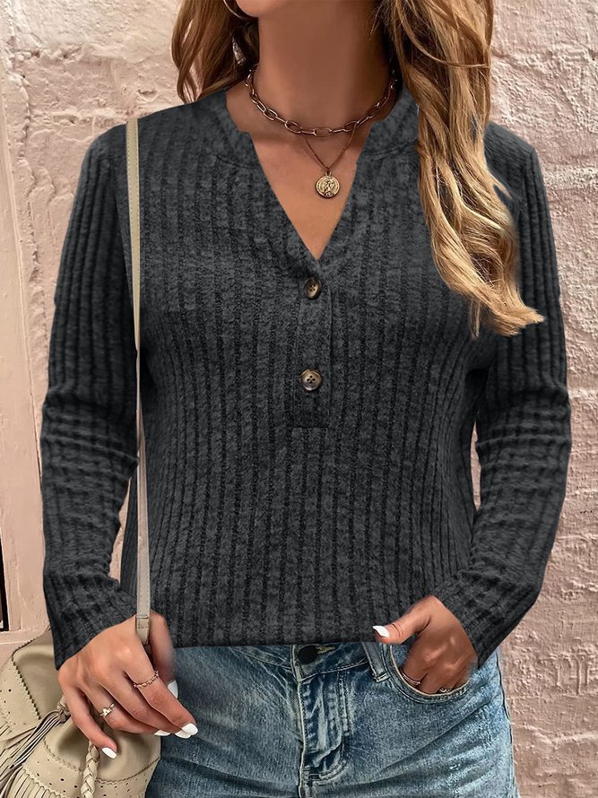Women Plain V Neck Casual Long Sleeve T-shirt